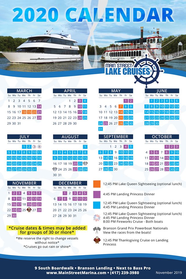 Main Street Lake Cruises 2020 Cruise Calendar